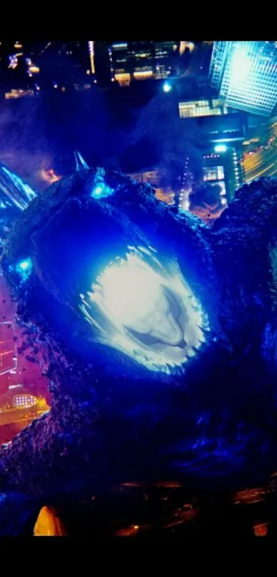 Colossal monster roaring in vibrant cityscape at night.