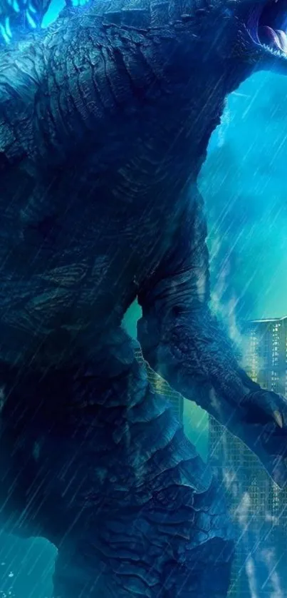 Epic sci-fi monster towering over a bright cityscape with blue tones.