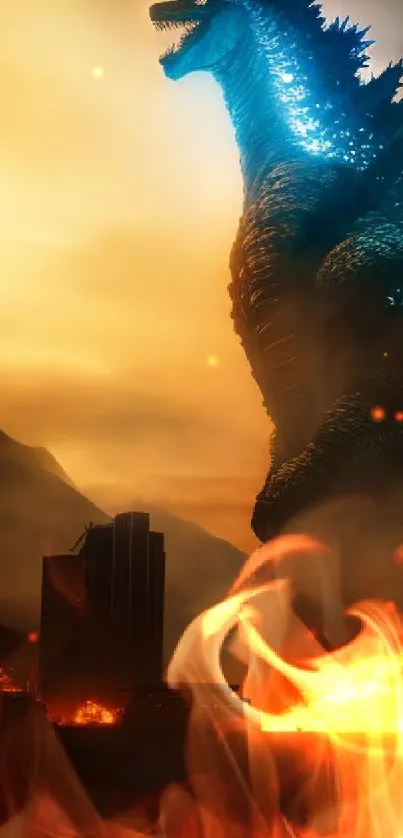 Giant creature towering over a city skyline at sunset.