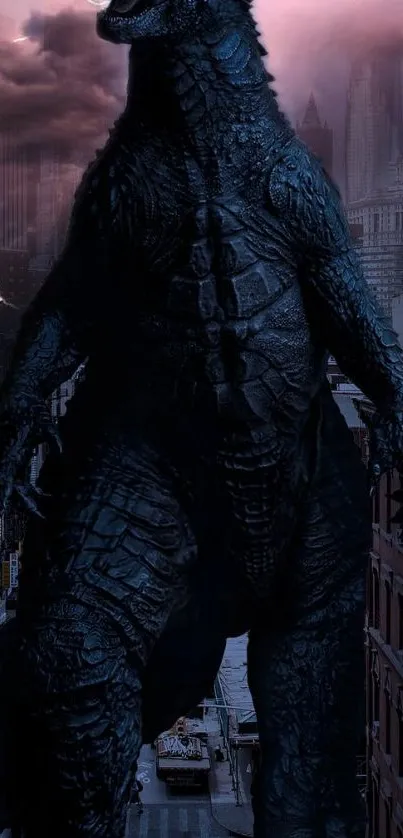Epic monster towers over a dark city in dramatic wallpaper.