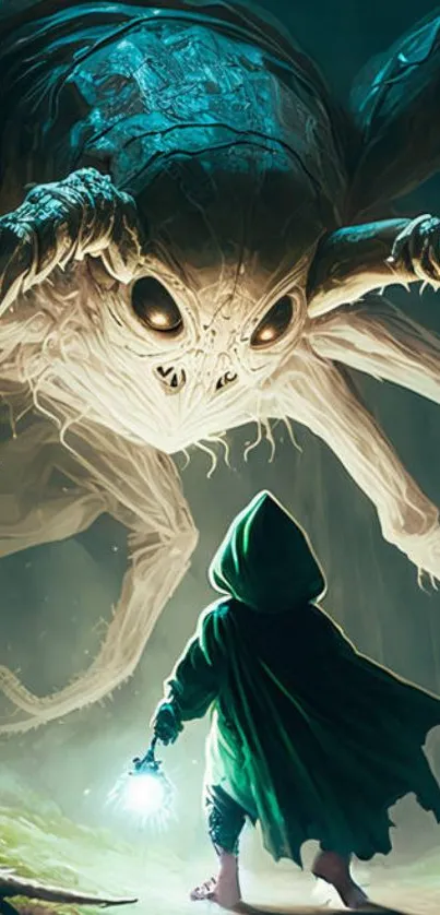 Epic fantasy scene with hooded figure and giant monster confrontation.