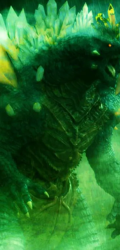 Epic monster in green mist with glowing features.