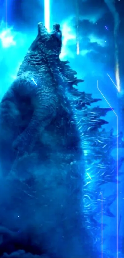 Epic monster illuminated by blue light in cinematic style.