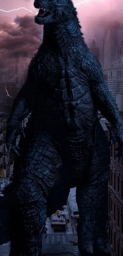 Giant monster stands in stormy cityscape with lightning.