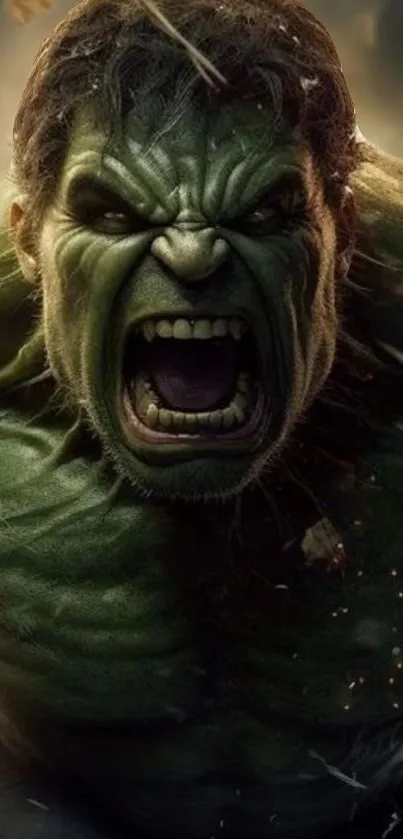 Intense green monster roaring on a dynamic, detailed mobile wallpaper.