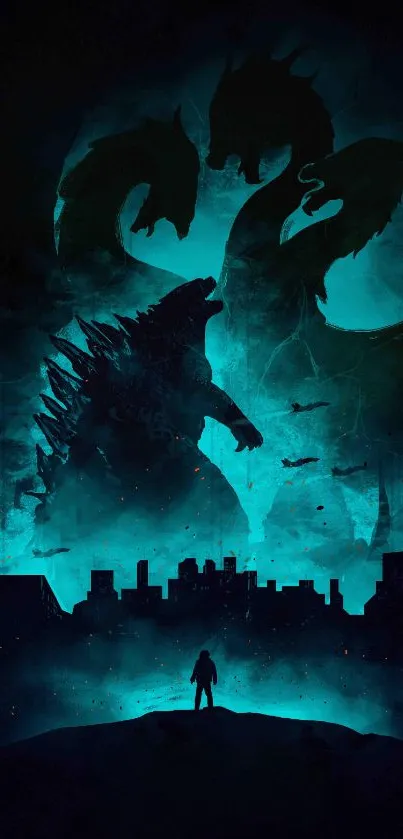 Epic monster silhouette against blue city skyline.