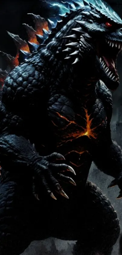 Epic monster with glowing spikes over dark cityscape.