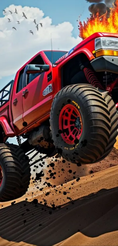 Red monster truck racing through desert with fiery explosion backdrop.