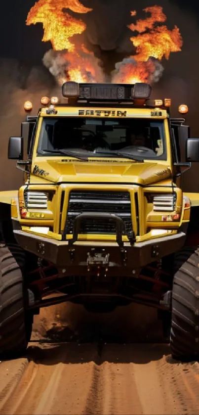 Yellow monster truck with flames on a desert track.