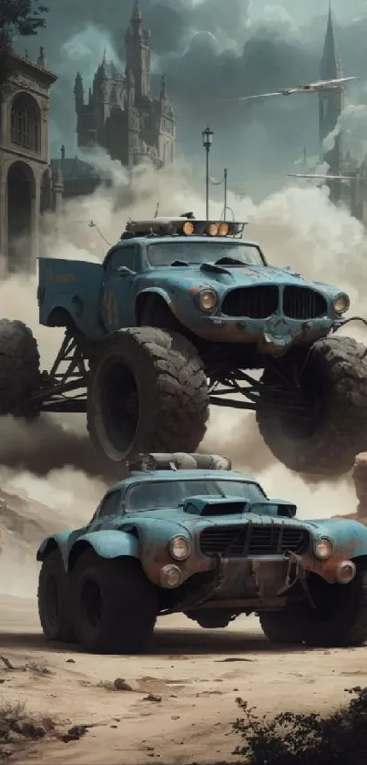 Blue monster trucks race through a dusty fantasy cityscape.