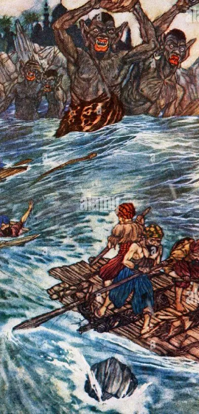 Vintage artwork of sea monsters attacking a raft with adventurers in an epic scene.