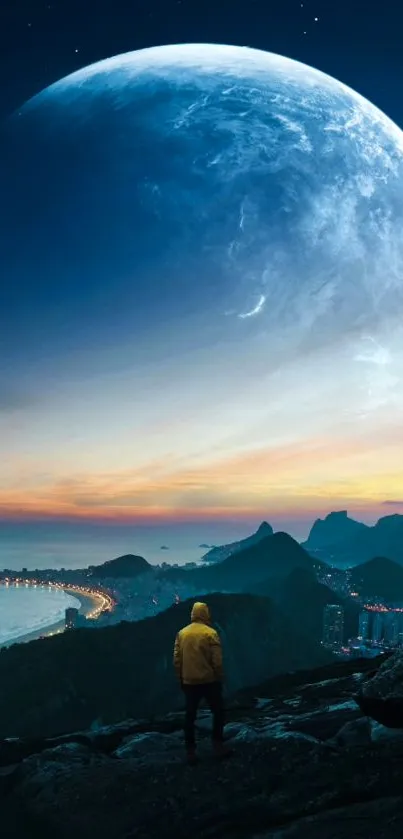 Man in yellow jacket under a large moon overlooking a city coast.