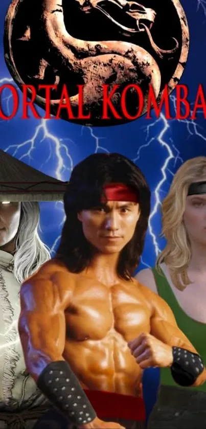 Mortal Kombat characters with dark lightning backdrop.