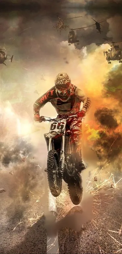 Motocross rider with helicopters and explosions in action-packed scene.