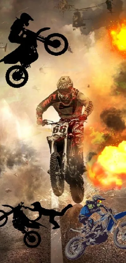 Motocross rider in action with explosions in vibrant wallpaper.