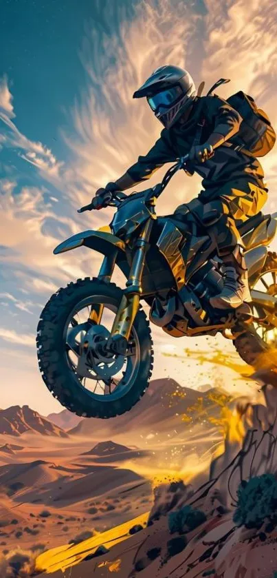 Motocross rider leaps in desert artwork.