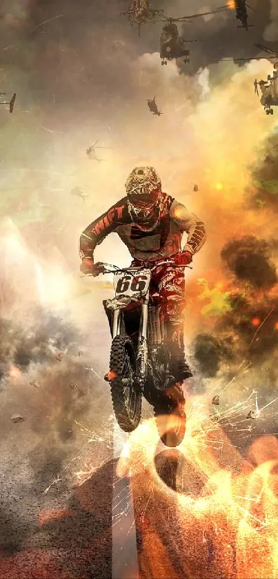 Motorcyclist rides through dramatic clouds and fiery explosions.