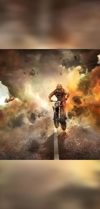 Epic motorcycle action wallpaper with intense explosion effects.