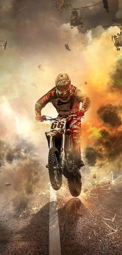 Motorcycle rider in dramatic action scene with helicopters and dust clouds.