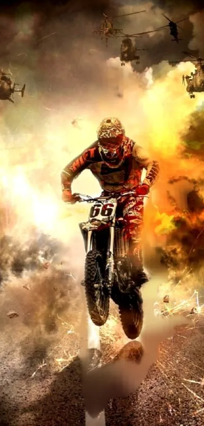 Biker in an explosive action scene with helicopters.