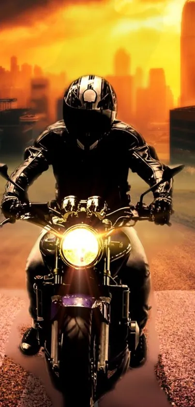 Motorcyclist on a city road at sunset with 'START' text.