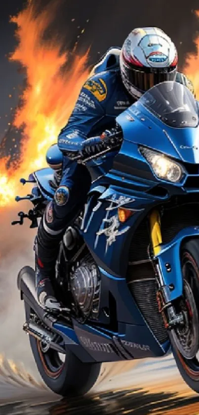 Blue motorcycle racing through flames on track.