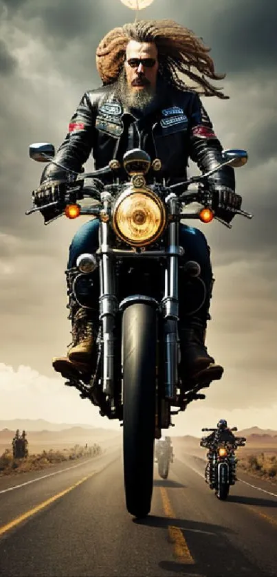 Epic motorcycle ride on an open road under dramatic clouds.