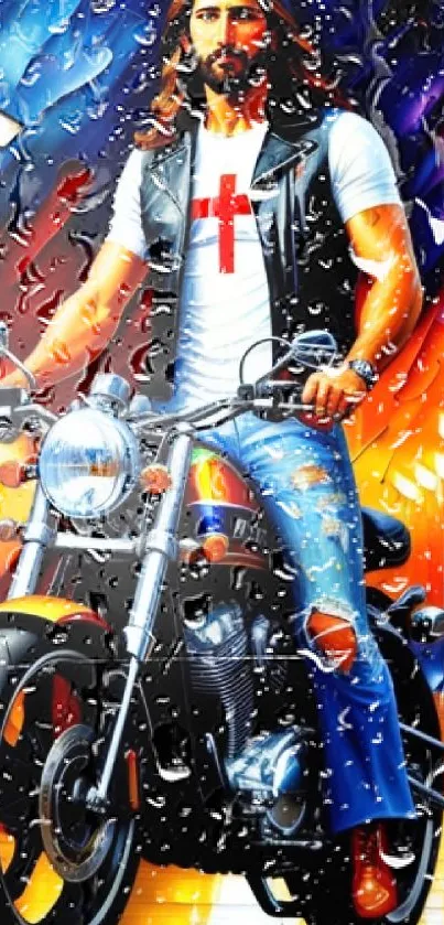 Vibrant art of a motorcycle rider in an urban setting with bright colors and dynamic style.