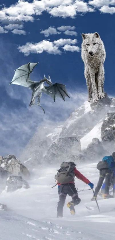 Epic scene with dragon, wolf, and climbers on a snowy mountain.