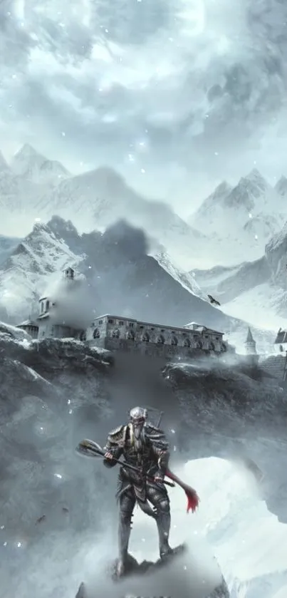 Epic mountain landscape with adventurer and fortress in the background.