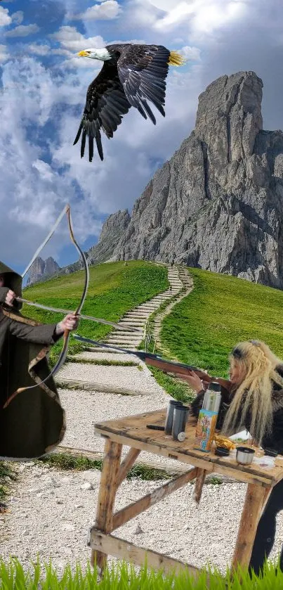 Archery scene with eagle and mountain path wallpaper.