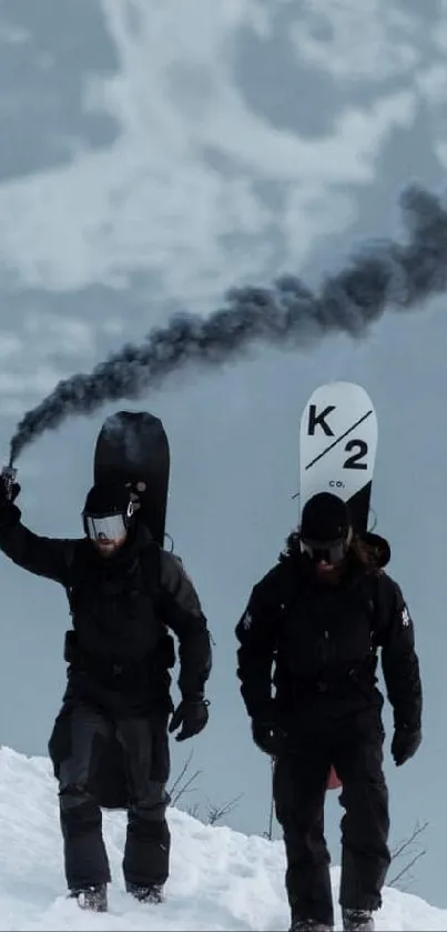 Snow climbers on icy peak with signal flare.