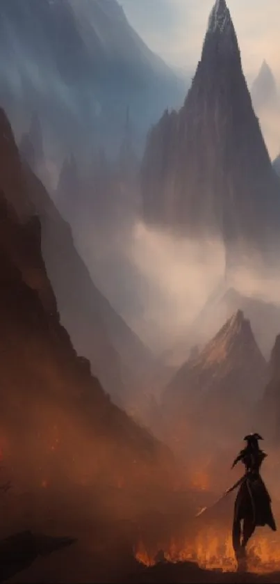 Epic mountain scene with adventurers exploring mysterious peaks and rugged paths.