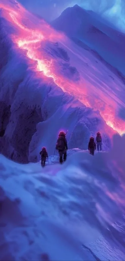 Adventurers climb a purple-lit mountain with glowing trails.