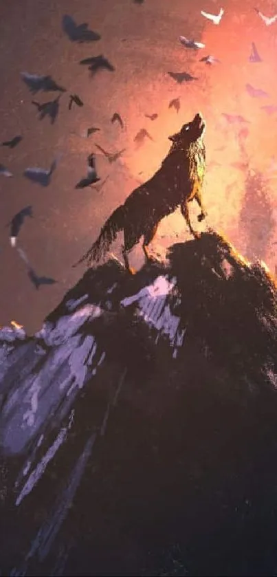 Epic silhouette on mountain peak with birds and fiery sunset.