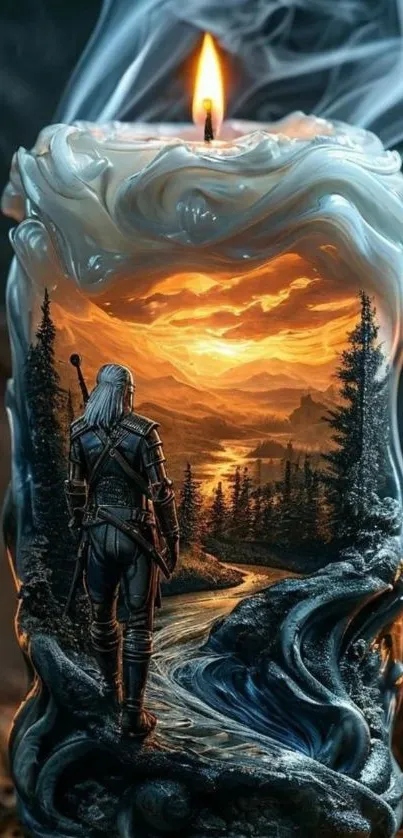 Fantasy candle with mountain sunset and hero figure.