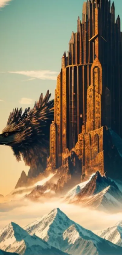 Fantasy landscape with mountain fortress and eagles in stunning detail.