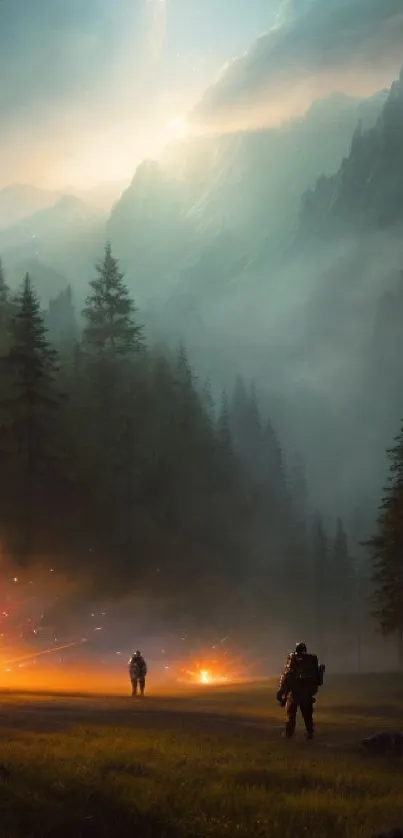 Epic mountain landscape with misty peaks and forest glow at evening.