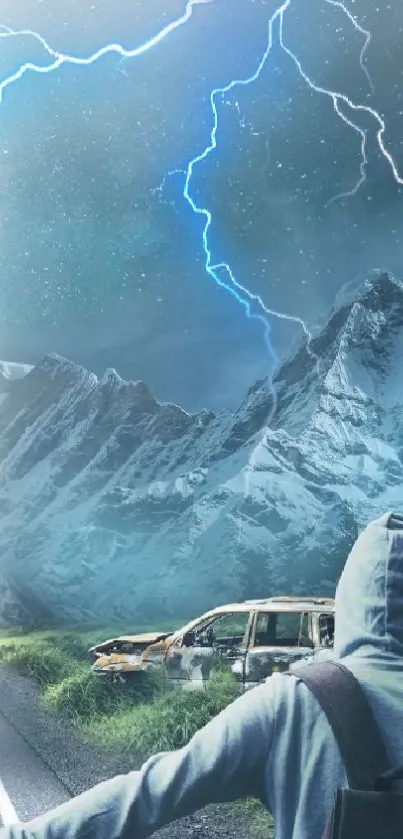 A dynamic wallpaper featuring a stormy sky, lightning, and snowy mountains.