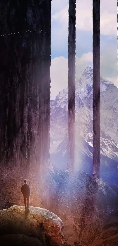 Fantasy landscape with mountain view and lone figure.