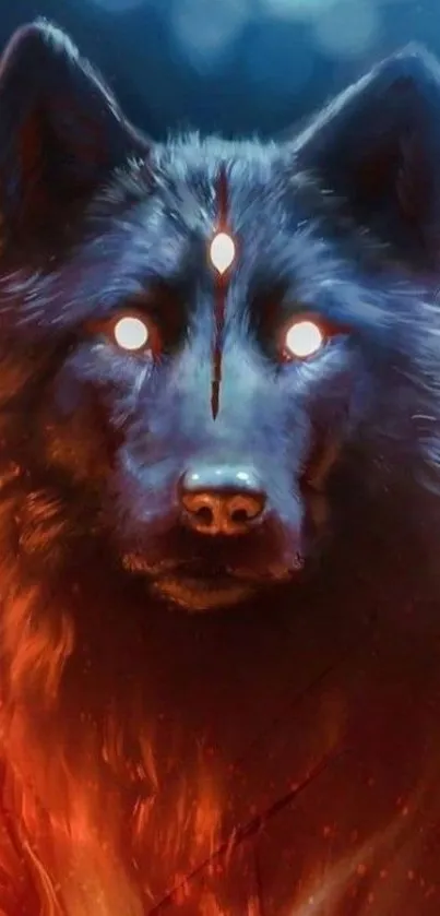 Mystical wolf with glowing eyes in captivating dark blue tones.