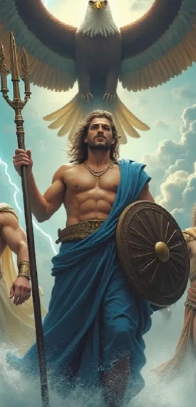 Epic mythical gods with divine aura and celestial background.