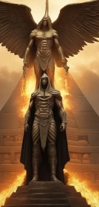 Epic wallpaper of two mythical guardians with fiery pyramid backdrop.