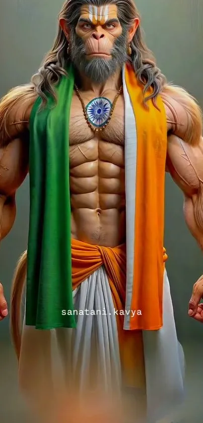 Epic depiction of muscular Hanuman in tricolor attire, promoting strength and divinity.