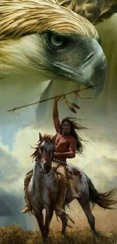 Native American warrior on horseback with large eagle.