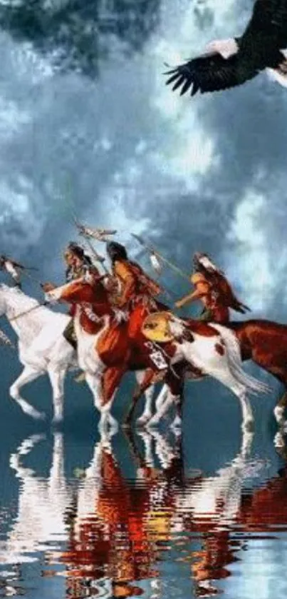 Native American riders on horses by water with an eagle in blue skies.