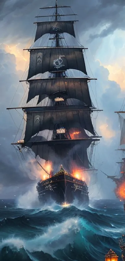 Dramatic scene of tall ships battling in stormy seas with fiery sky.