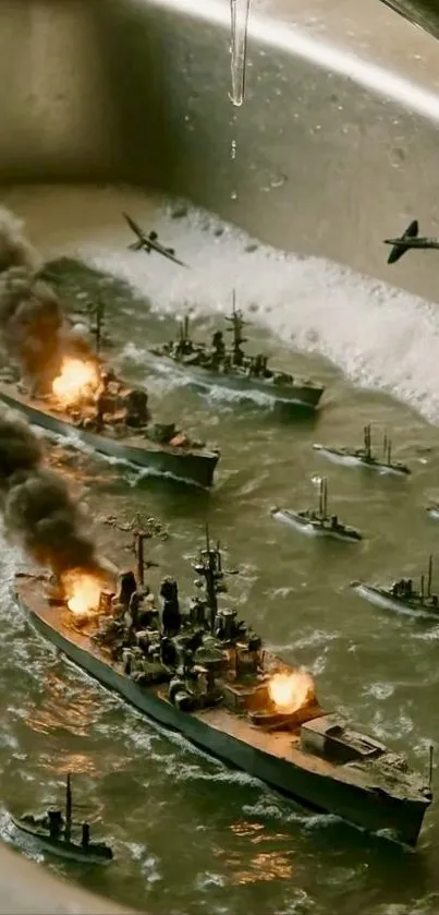 Miniature naval battle in a sink with ships and planes.