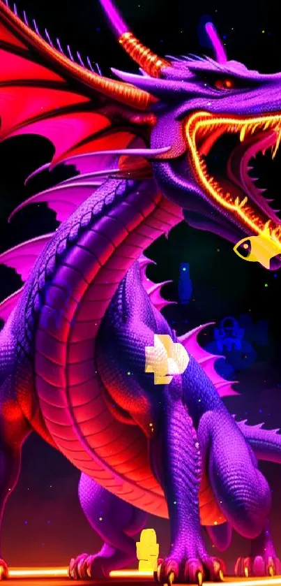 Colorful neon dragon artwork wallpaper with purple and orange tones.