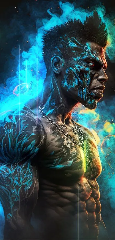 Epic neon art of muscular figure with blue and orange flames for phone wallpaper.